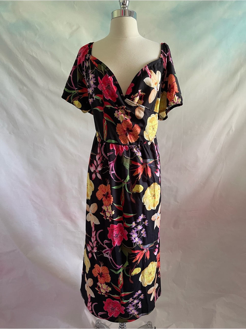 Black Floral Faux Wrap Tropical Print Midi Dress